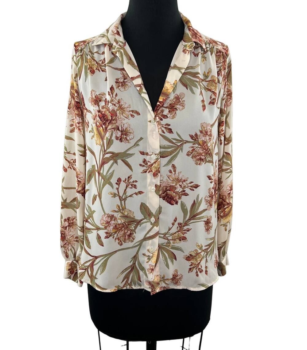 H&M Long-Sleeved Powder Beige/Floral Top Woven Polyester Collar Blouse Shirt S